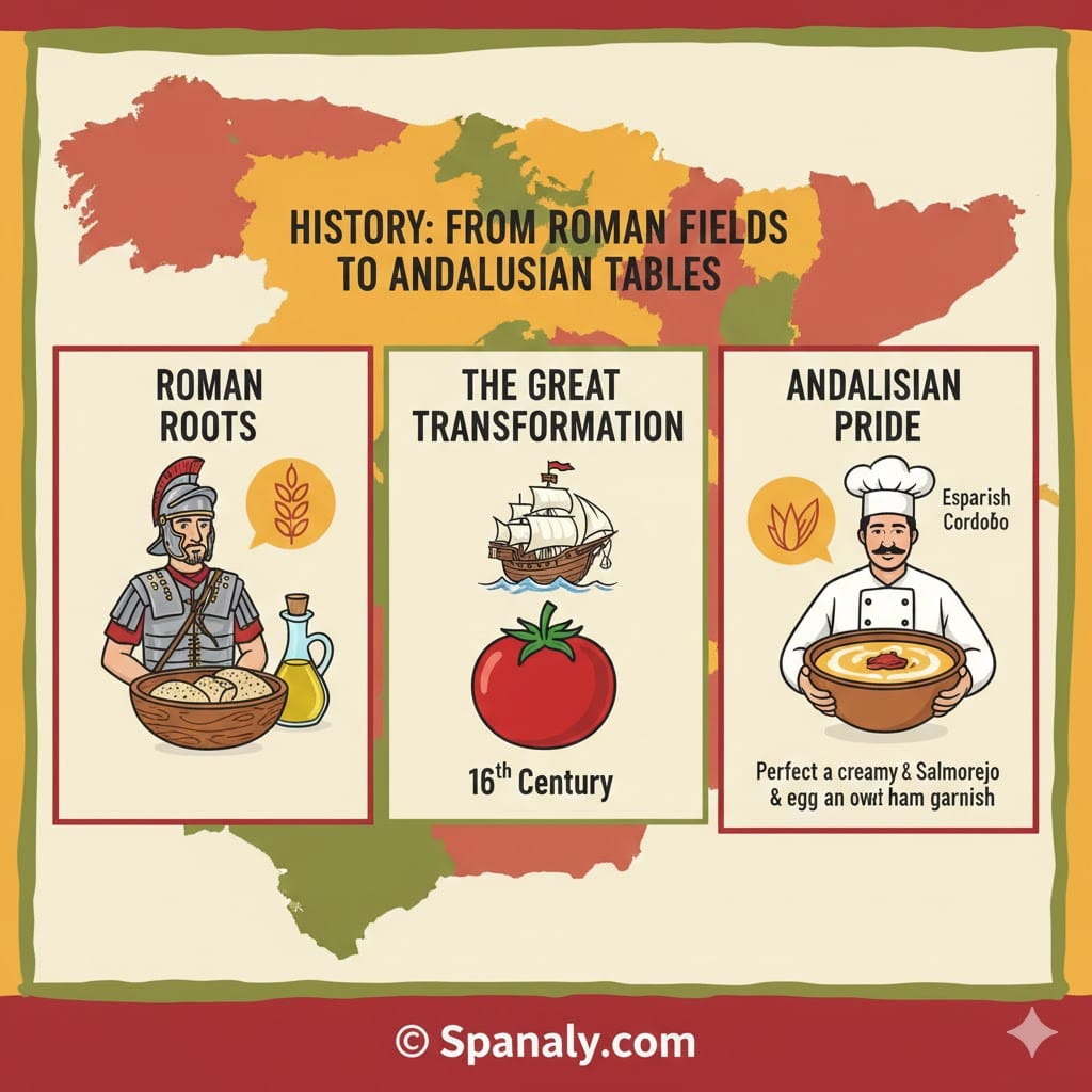 A colorful 2026 infographic showing the history of Salmorejo from Roman roots and the 16th-century tomato transformation to modern Andalusian pride on a Spain map.