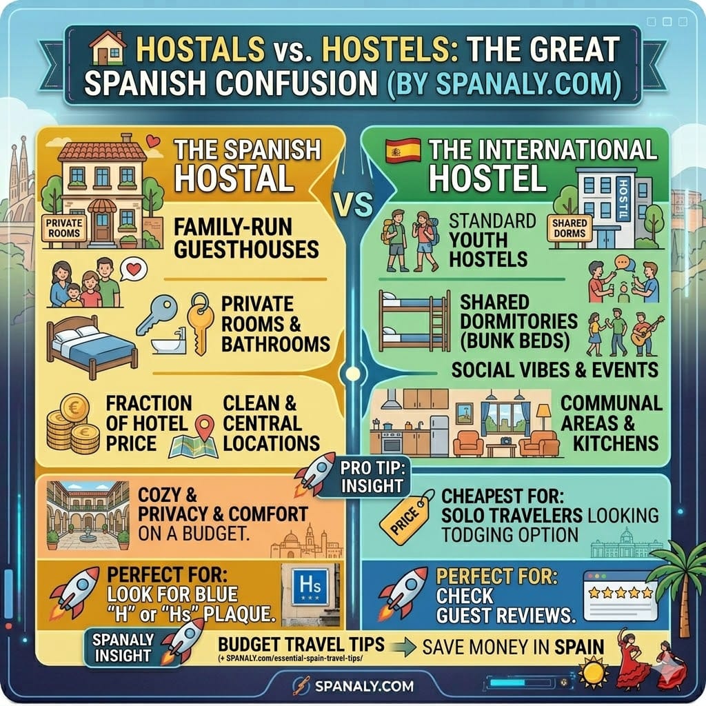 Comparison infographic between Spanish Hostals and international Hostels in Spain, explaining private rooms vs shared dorms by Spanaly.com.