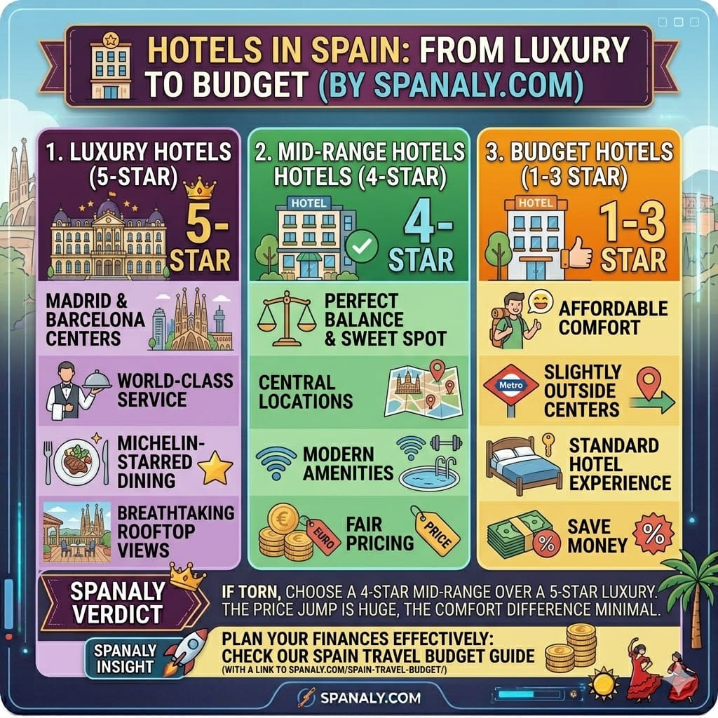 Infographic comparing luxury 5-star, mid-range 4-star, and budget hotels in Spain with expert booking advice by Spanaly.com.