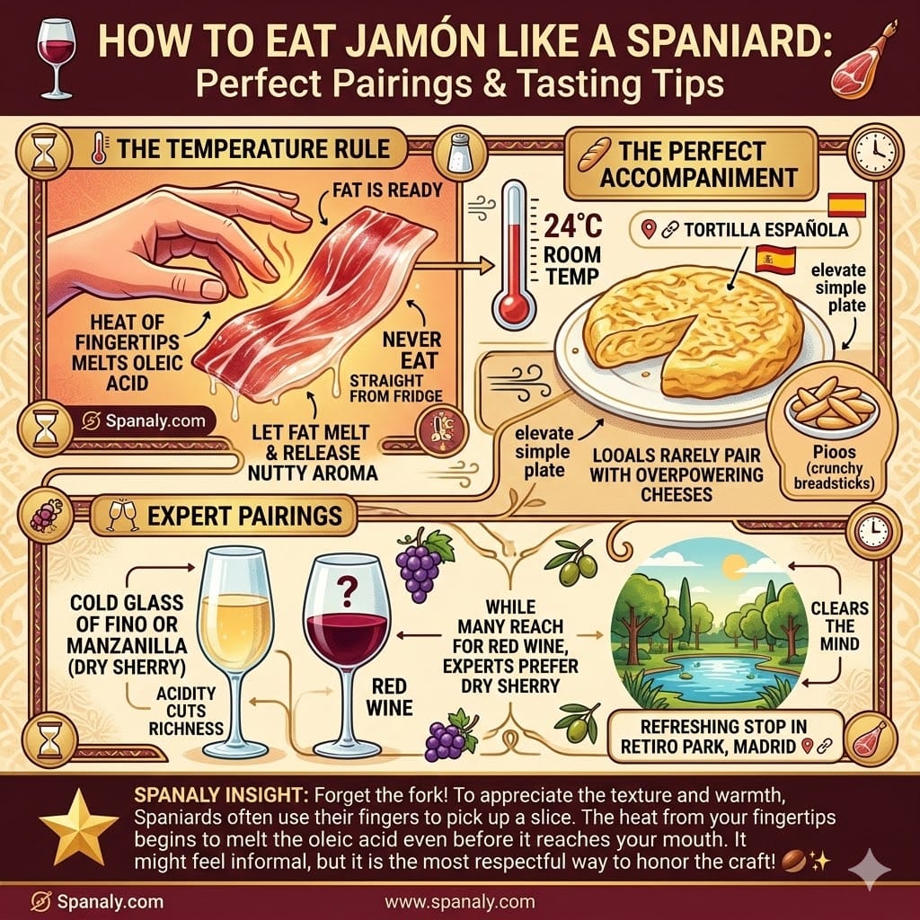 A vibrant 1:1 infographic titled 'How to Eat Jamón Like a Spaniard'. It illustrates the temperature rule (24°C), perfect pairings with Tortilla Española and Picos, and expert drink recommendations like Fino or Manzanilla sherry. The visual also links the refreshing experience to Retiro Park in Madrid and features the Spanaly.com logo.