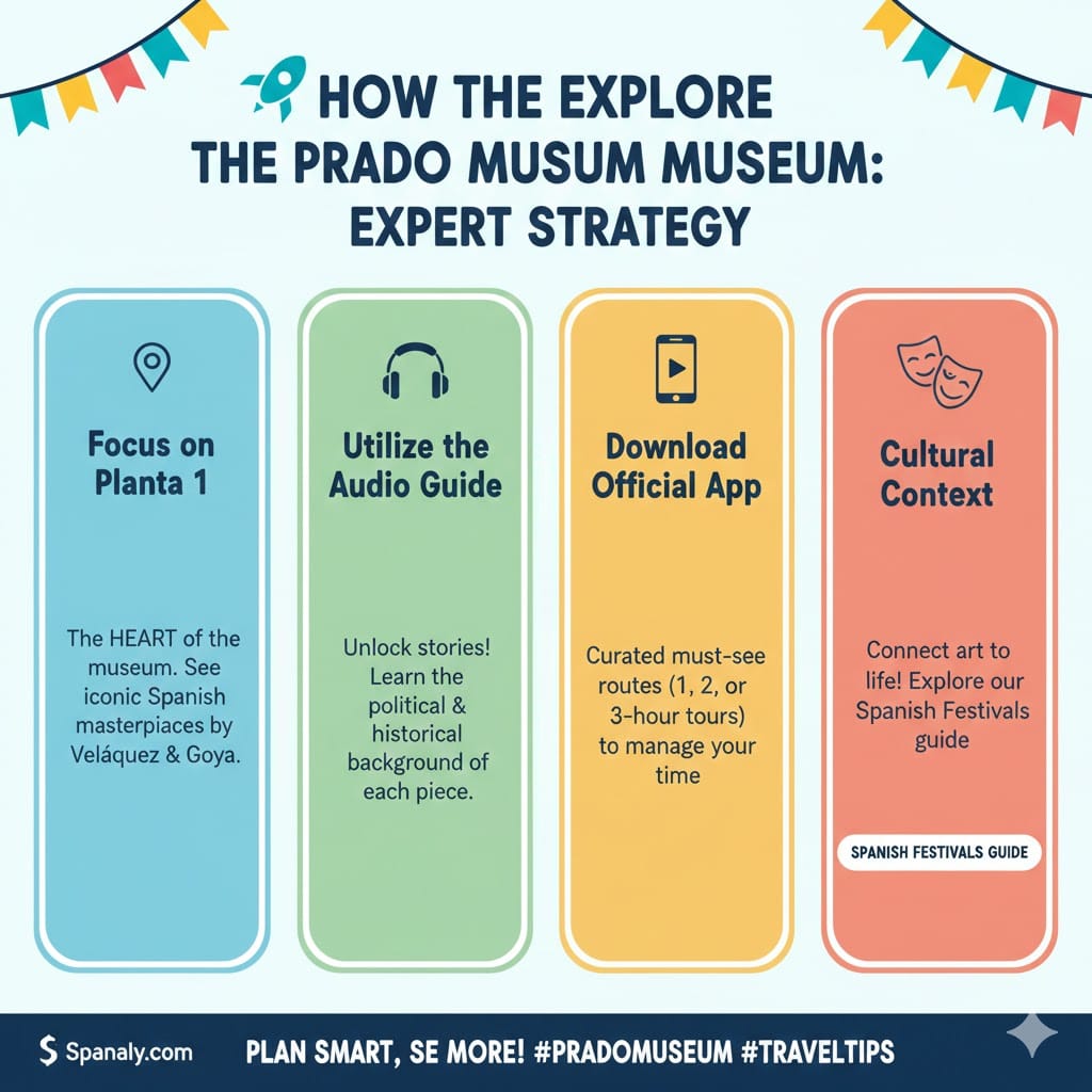 Infographic showing a 4-step expert strategy to explore the Prado Museum, including focusing on Planta 1, using audio guides, downloading the official app, and understanding cultural context.