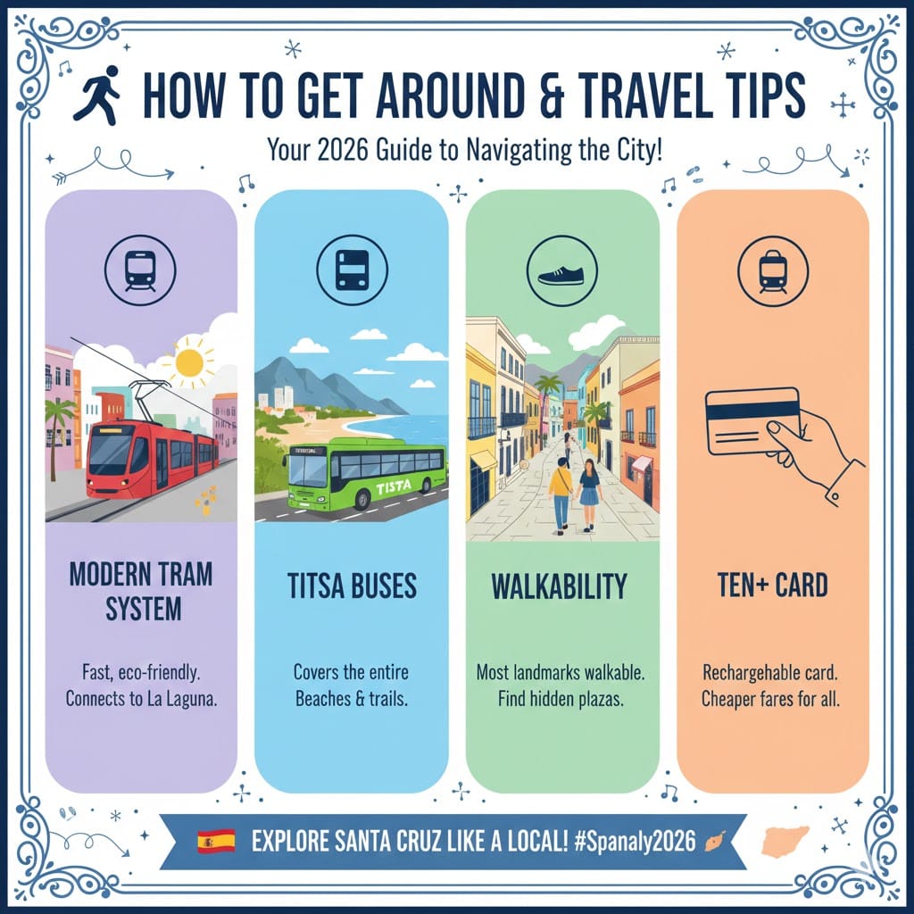 A cheerful 2026 travel infographic for Santa Cruz de Tenerife showing the modern tram, TITSA buses, pedestrian streets, and the Ten+ card with a small map of Spain.