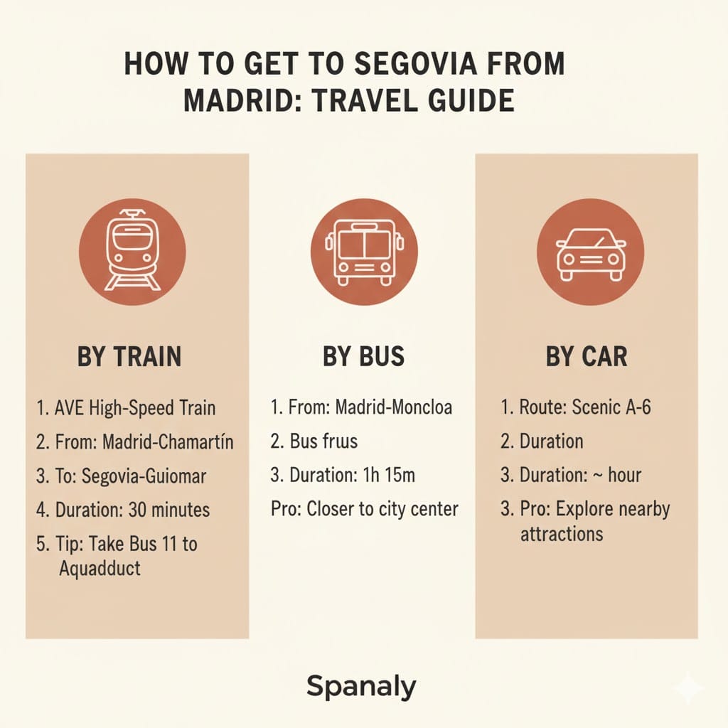 An infographic guide showing how to get to Segovia from Madrid by AVE high-speed train, bus from Moncloa, and car, including travel times and station names for Spanaly.