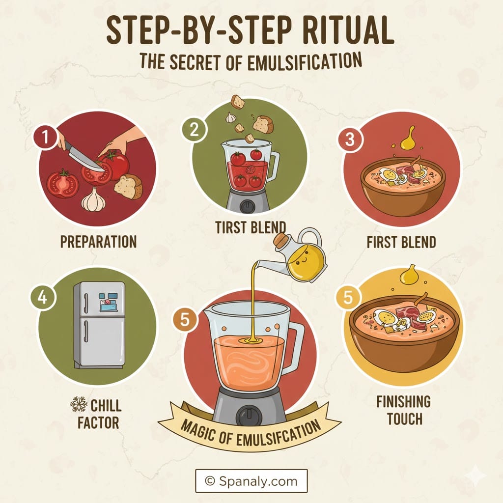 A vibrant 2026 step-by-step infographic showing the 5 stages of making Salmorejo: preparation, blending, the magic of oil emulsification, chilling, and the final garnish.