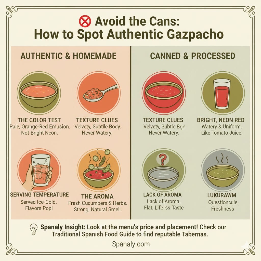 A comparison infographic showing how to spot authentic Gazpacho versus canned versions. Highlights include the color test (pale orange-red vs. neon red), texture clues (velvety vs. watery), and aroma. Includes a Spanaly Insight to check the Traditional Spanish Food Guide for reputable tabernas.