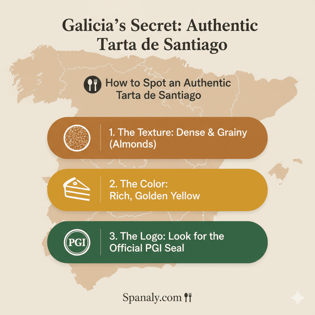 Expert infographic guide on how to identify an authentic Tarta de Santiago, featuring PGI certification, texture, and color details with a Spain map background by Spanaly.com.