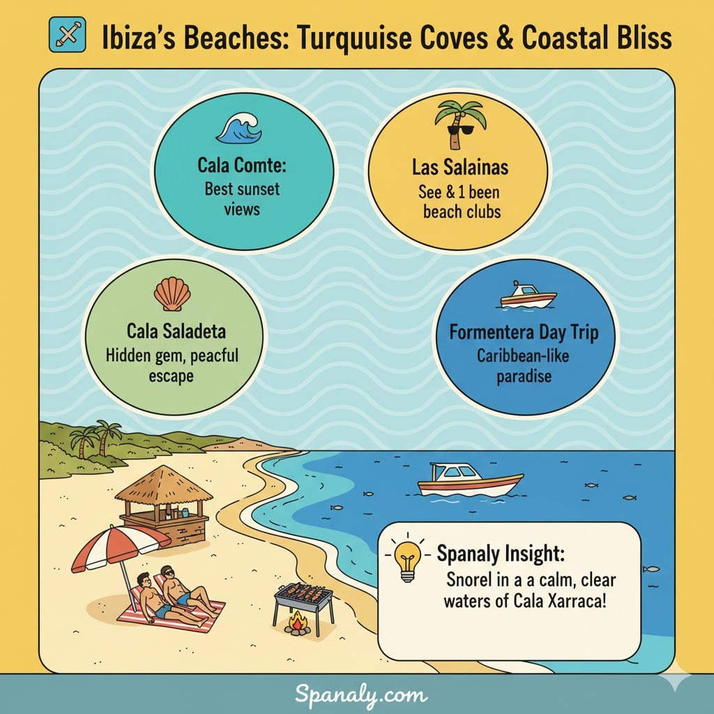 Infographic of Ibiza's best beaches and coves including Cala Comte, Las Salinas, and Cala Saladeta. Features Spanaly travel tips for snorkeling in Cala Xarraca.