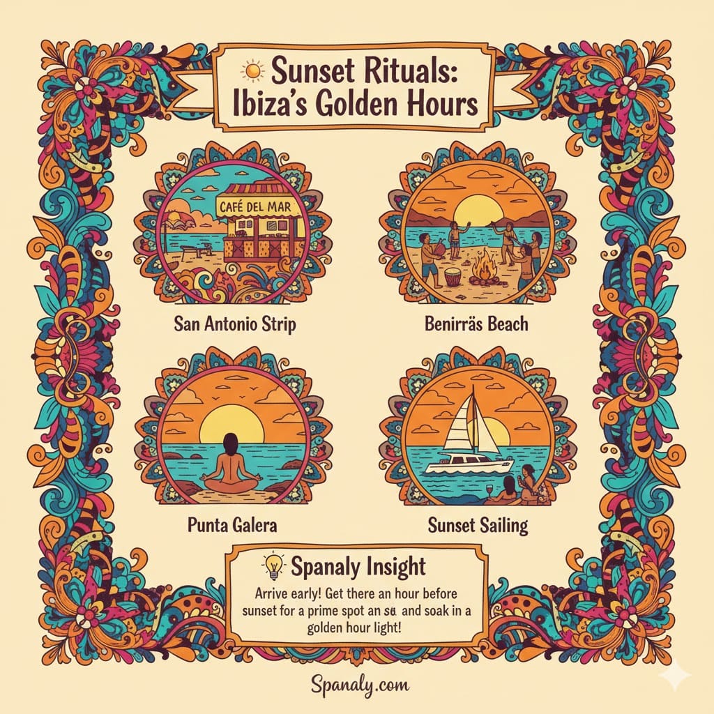 A vibrant doodle infographic of Ibiza's sunset rituals, featuring Café del Mar, Benirràs drumming, Punta Galera rocks, and sunset sailing. Includes Spanaly tips on arriving early for the best view.