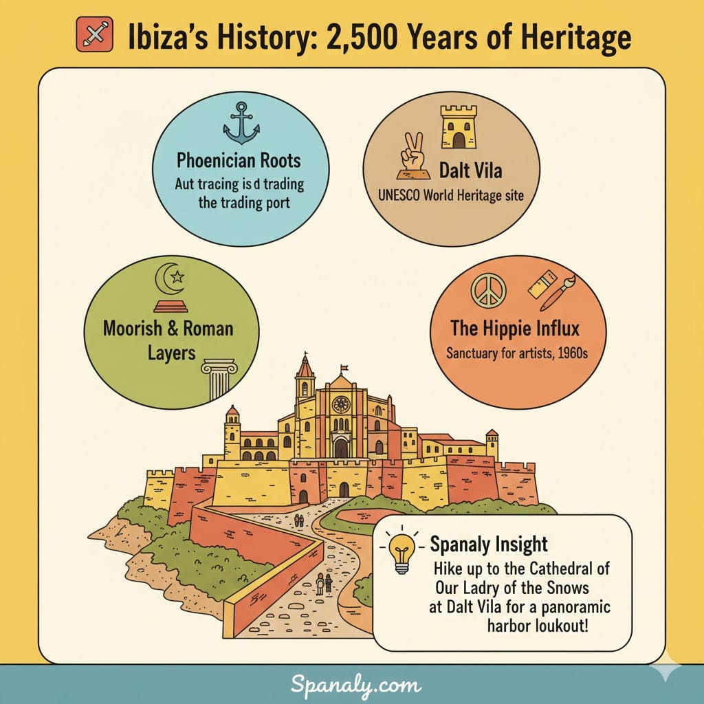 Infographic of Ibiza's 2,500-year history featuring Dalt Vila, Phoenician roots, and the Hippie influx. Includes Spanaly travel insights on the Cathedral lookout.