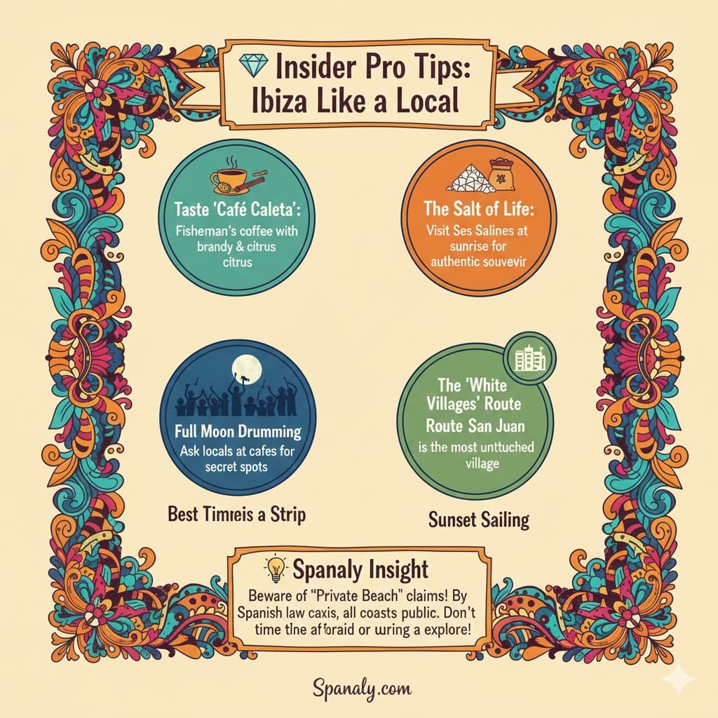 A colorful doodle infographic of Ibiza's insider secrets, featuring Café Caleta, Ses Salines salt flats, full moon drumming rituals, and the white village of San Juan. Includes Spanaly's legal insight on public beach access.