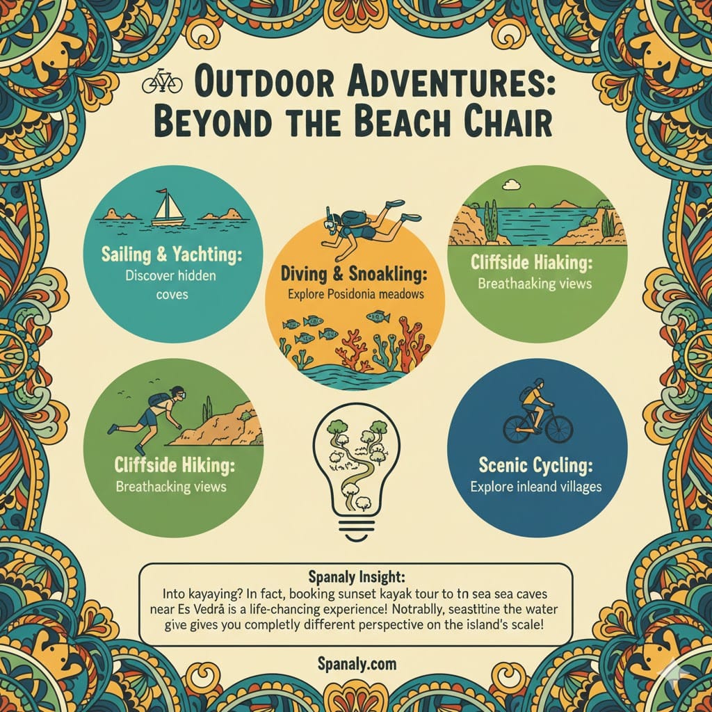 A colorful doodle infographic showcasing outdoor adventures in Ibiza: sailing, diving in Posidonia meadows, cliffside hiking, and scenic cycling. Includes Spanaly's tip for sunset kayaking near Es Vedrà.
