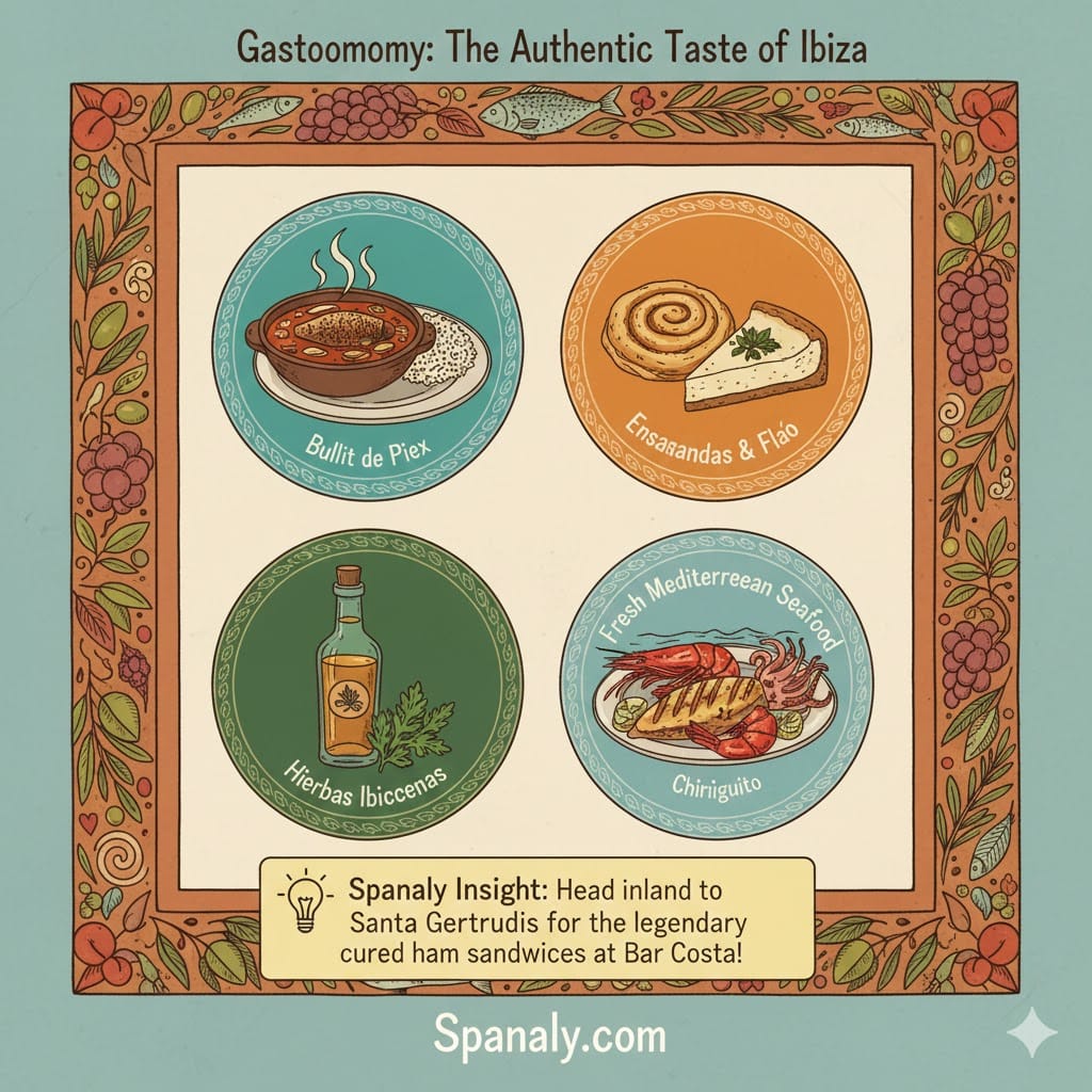 A colorful infographic of Ibiza's traditional cuisine, featuring Bullit de Peix fish stew, Ensaimadas pastries, Hierbas Ibicencas liqueur, and fresh seafood. Includes Spanaly's tip for Bar Costa in Santa Gertrudis.