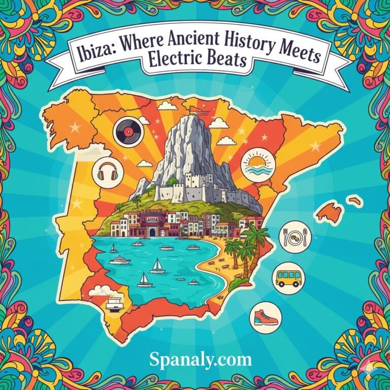 A creative hero illustration featuring a large map of Spain with Ibiza highlighted in the center. The map contains iconic Ibiza elements like Es Vedrà, Dalt Vila, music symbols, sunset icons, and the Discobus. Header text reads: Ibiza: Where Ancient History Meets Electric Beats. Footer: Spanaly.com.