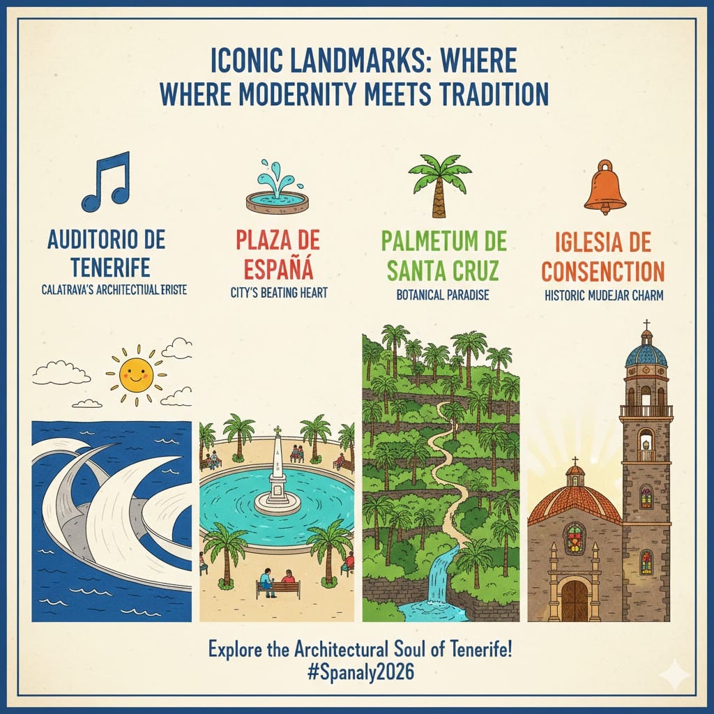 A vibrant 2026 infographic of Santa Cruz de Tenerife iconic landmarks featuring Auditorio de Tenerife, Plaza de España, Palmetum, and Iglesia de la Concepción with a small map of Spain.