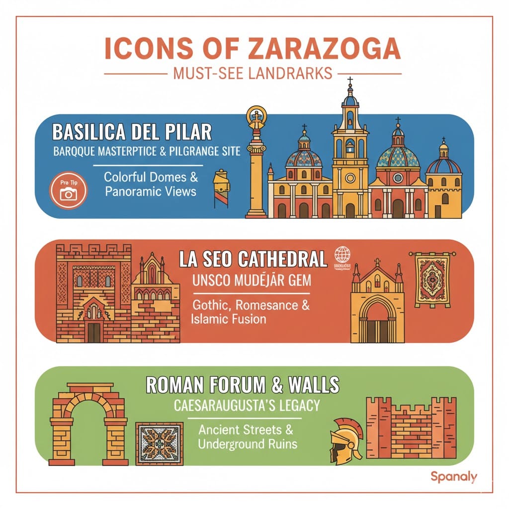 A colorful infographic of Zaragoza landmarks featuring Basilica del Pilar, La Seo Cathedral, and the Roman Forum in a vibrant illustrative style.