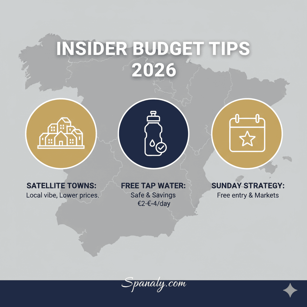 Infographic featuring insider budget tips for Spain 2026, including staying in satellite towns, drinking free tap water, and using the Sunday free-entry strategy by Spanaly.com.