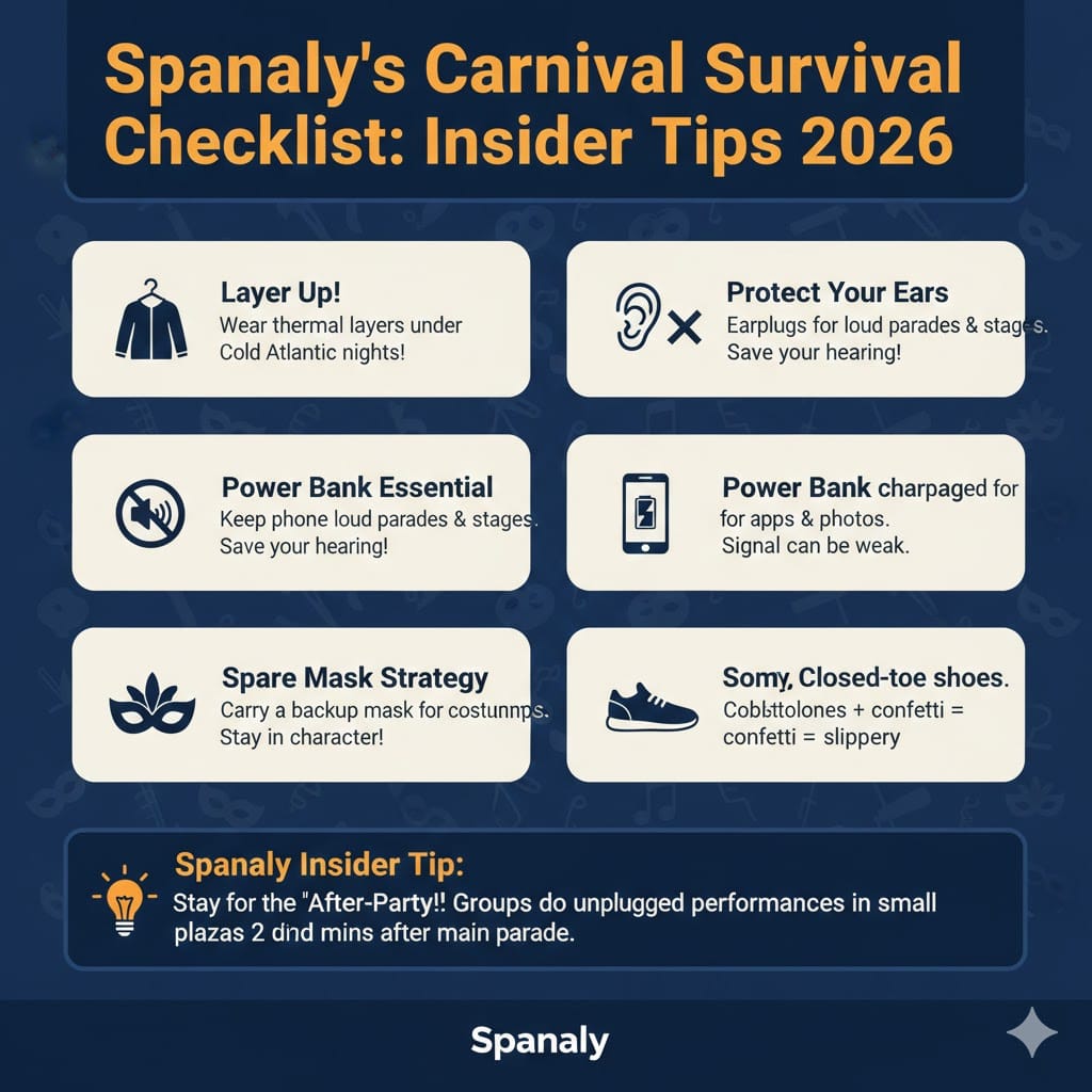 An infographic checklist of expert survival tips for the Tenerife Carnival 2026, including layering clothes, ear protection, power banks, spare masks, and footwear advice.