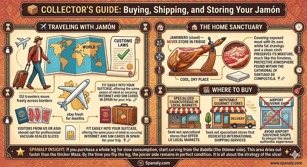 A professional 1:1 infographic titled 'Collector's Guide: Buying, Shipping, and Storing Your Jamón'. It explains customs laws for travelers, vacuum-sealed packaging for flights, proper home storage on a Jamonero stand (avoiding the fridge), and advice on buying from authentic Charcuterías instead of airport shops, featuring the Spanaly.com logo.