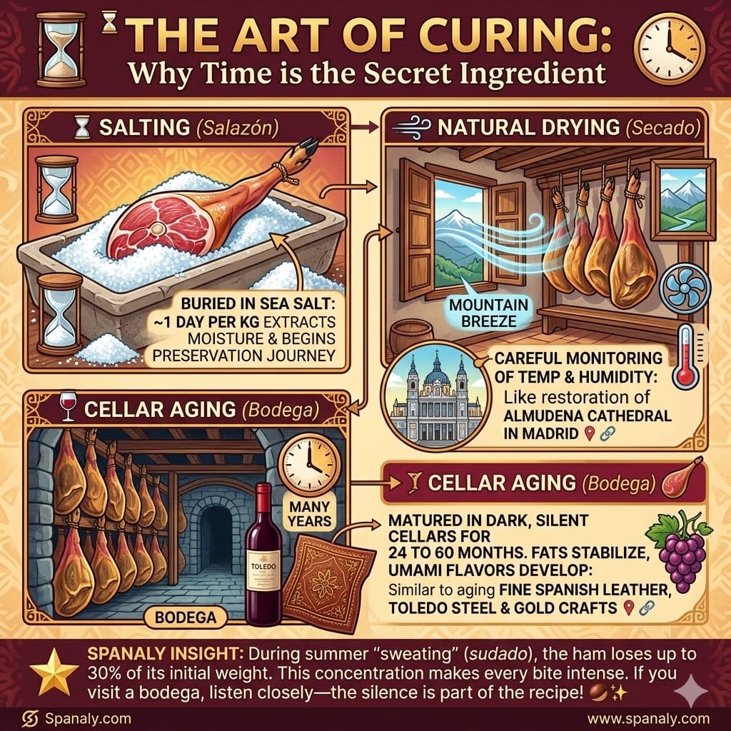 A professional 1:1 infographic titled 'The Art of Curing: Why Time is the Secret Ingredient'. It illustrates the three stages of Jamón Ibérico production: Salting in sea salt, Natural Drying with mountain breezes (linked to Almudena Cathedral), and Cellar Aging in dark bodegas for up to 60 months, featuring the Spanaly.com logo.