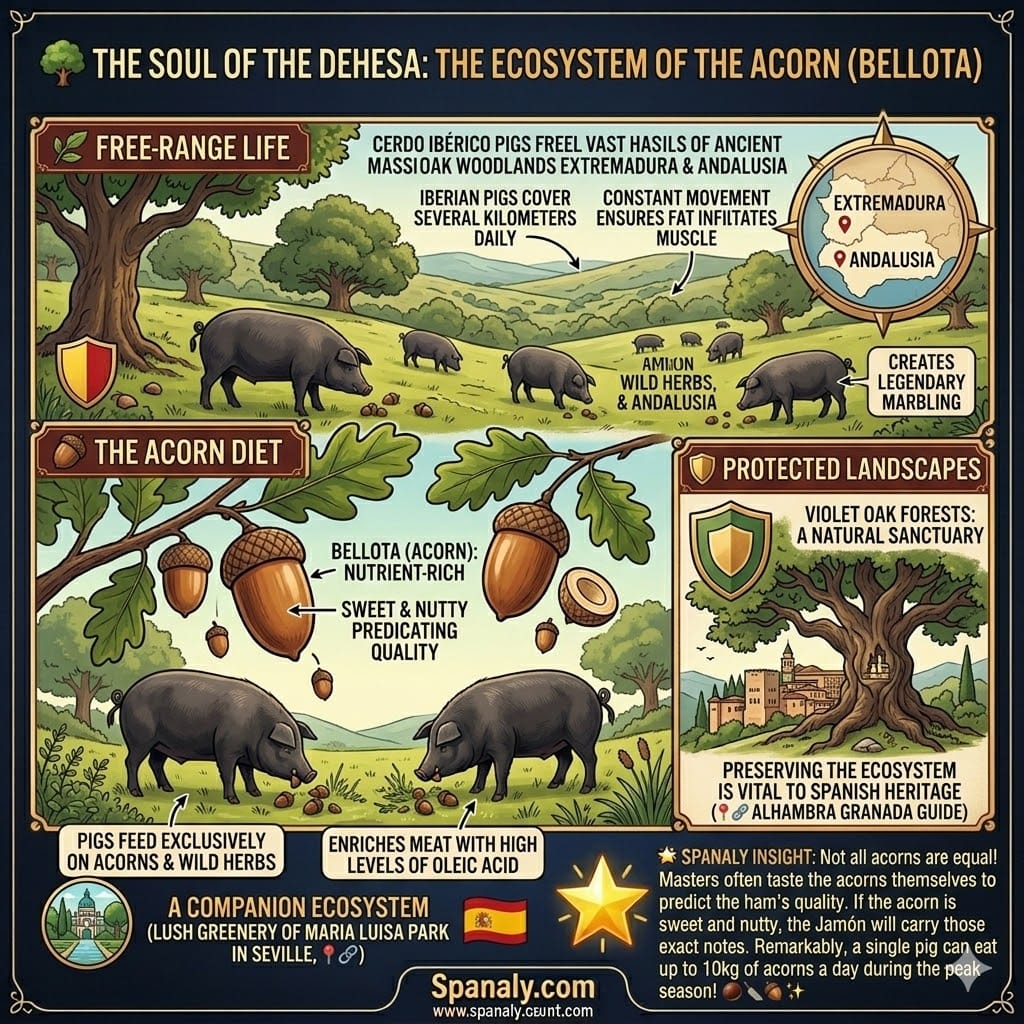 A vibrant 1:1 square infographic titled 'The Soul of the Dehesa: The Ecosystem of the Acorn (Bellota)'. It illustrates the environment where Jamón Ibérico is produced, featuring Iberian pigs roaming freely in ancient oak woodlands in Extremadura and Andalusia. The graphic highlights the acorn diet during the Montanera season, creating legendary marbling and heart-healthy oleic acid, with the Spanaly.com logo.