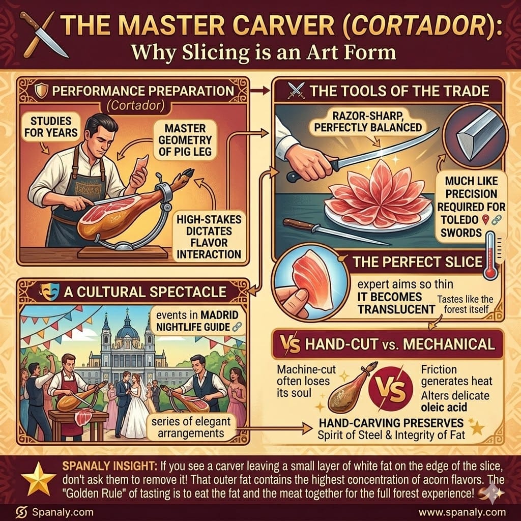 A professional 1:1 infographic titled 'The Master Carver (Cortador): Why Slicing is an Art Form'. It illustrates the precision of hand-cutting Jamón Ibérico, comparing it to Toledo steel swords, showing the perfect translucent slice, and explaining why hand-carving preserves the delicate oleic acid better than machines, featuring the Spanaly.com logo.