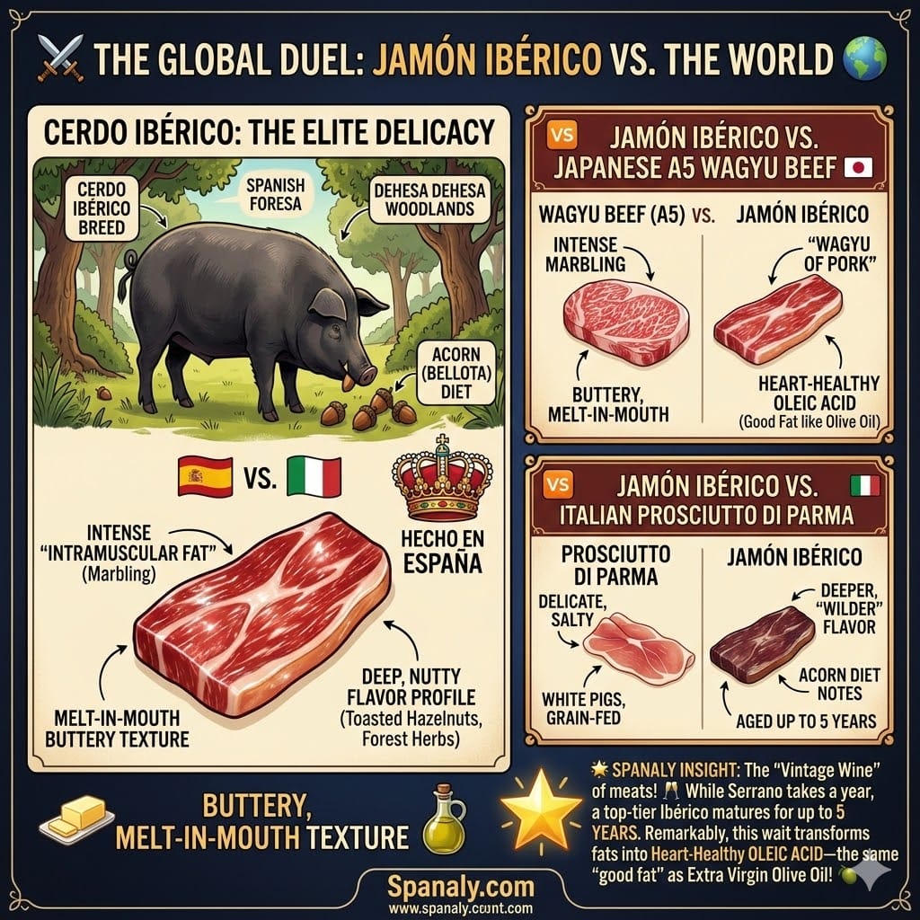 A professional 1:1 infographic titled 'The Global Duel: Jamón Ibérico vs. The World'. It compares Spanish Jamón Ibérico with Japanese A5 Wagyu beef and Italian Prosciutto di Parma. The visual includes an illustration of an Iberian pig in a Dehesa forest, highlighting intramuscular fat, acorn diet, and heart-healthy oleic acid, with the Spanaly.com logo.