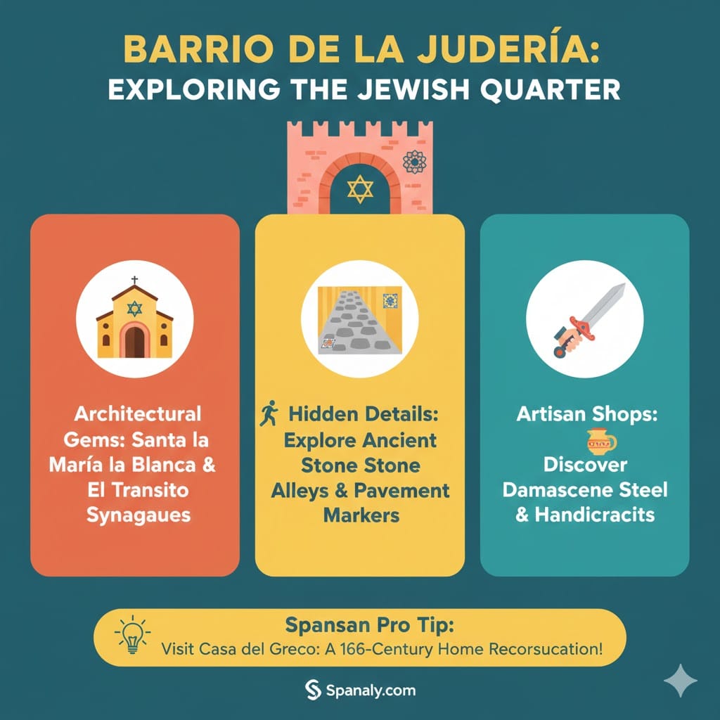 A vibrant travel infographic titled Barrio de la Judería: Exploring the Jewish Quarter in Toledo. It features three colorful vertical sections: Architectural Gems (Synagogues), Hidden Details (Stone alleys and pavement markers), and Artisan Shops (Damascene steel). A yellow footer provides a Spanaly Pro Tip about visiting Casa del Greco.