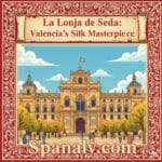 An artistic illustration of La Lonja de la Seda in Valencia, showing the historic facade and orange trees in a colorful, cheerful style - Spanaly.com