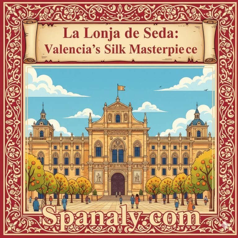 An artistic illustration of La Lonja de la Seda in Valencia, showing the historic facade and orange trees in a colorful, cheerful style - Spanaly.com