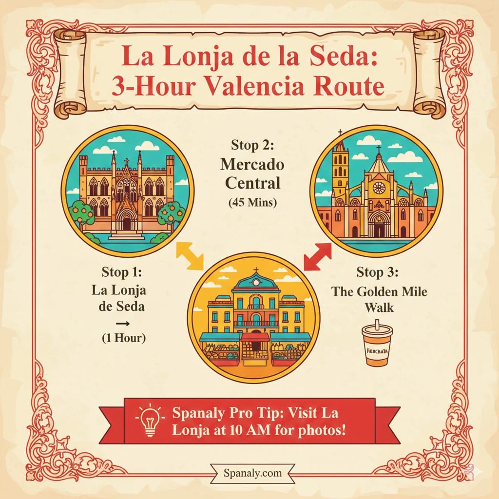 A colorful 3-hour walking route infographic in Valencia, starting from La Lonja de la Seda to Mercado Central and the Golden Mile - Spanaly.com
