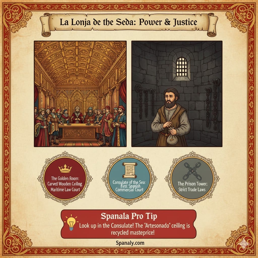 Infographic of La Lonja de la Seda in Valencia showing the golden carved ceiling of the Sea Consulate and the stone interior of the prison tower - Spanaly.com