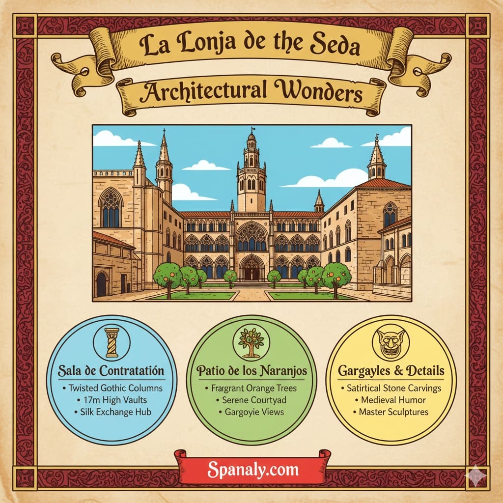 A vibrant infographic showing the architectural highlights of La Lonja de la Seda in Valencia, featuring the twisted columns, the Orange Tree Courtyard, and Gothic gargoyles - Spanaly.com.