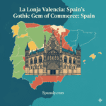An artistic architectural illustration of La Lonja de la Seda in Valencia, a Gothic merchant landmark, showcased on a map of Spain for Spanaly's heritage guide