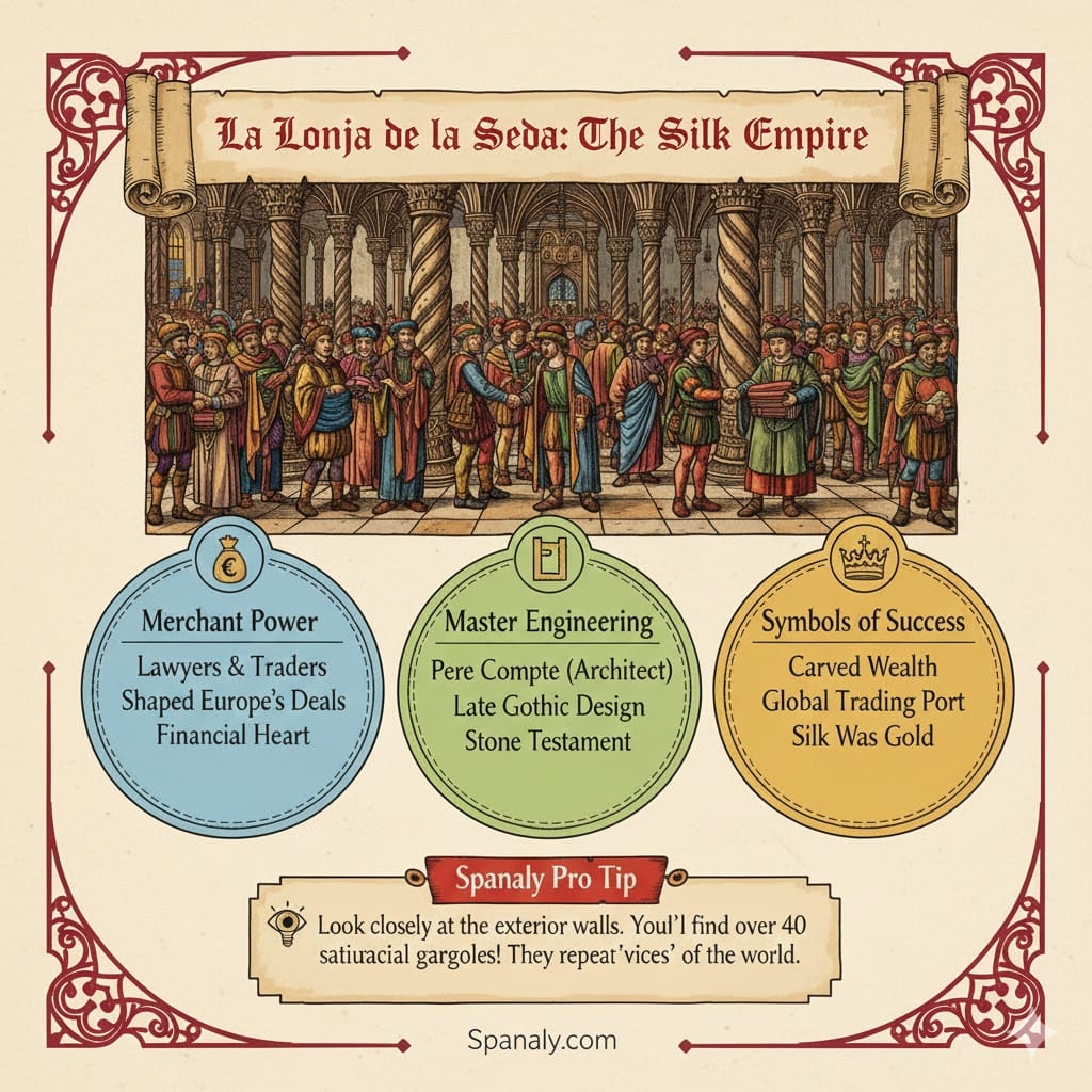 A colorful medieval infographic of La Lonja de la Seda in Valencia, showing merchants trading silk in the Contract Hall with twisted columns - Spanaly.com.
