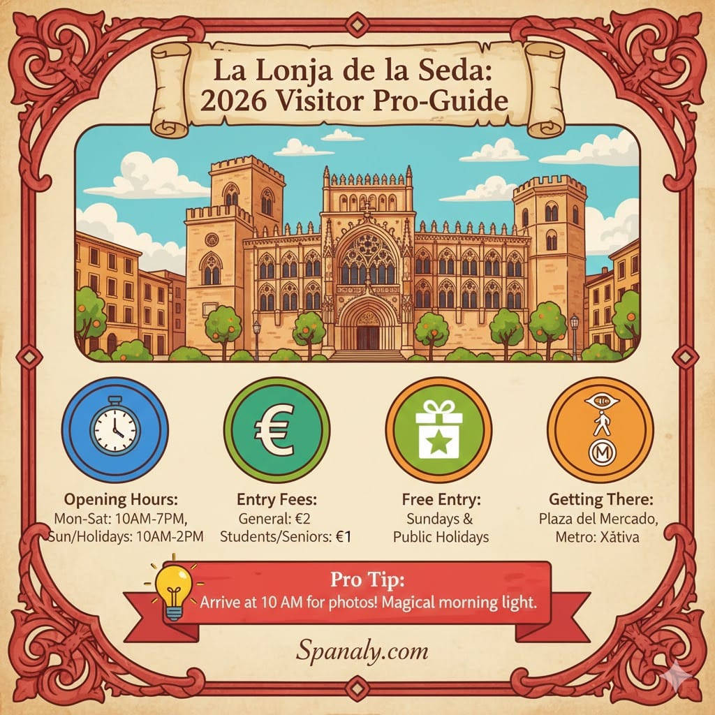 A 2026 visitor guide infographic for La Lonja de la Seda in Valencia, showing opening hours, entry fees, and travel tips - Spanaly.com