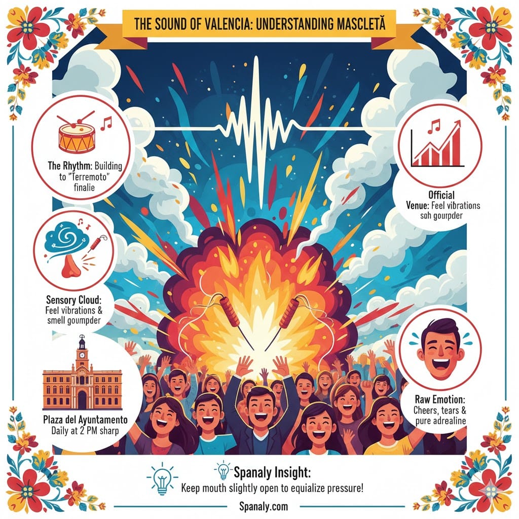 An energetic infographic titled 'The Sound of Valencia: Understanding Mascletà' showing a crowd cheering amidst gunpowder clouds and fireworks at Plaza del Ayuntamiento, with icons explaining the rhythm, sensory experience, and the Spanaly tip for ear safety.