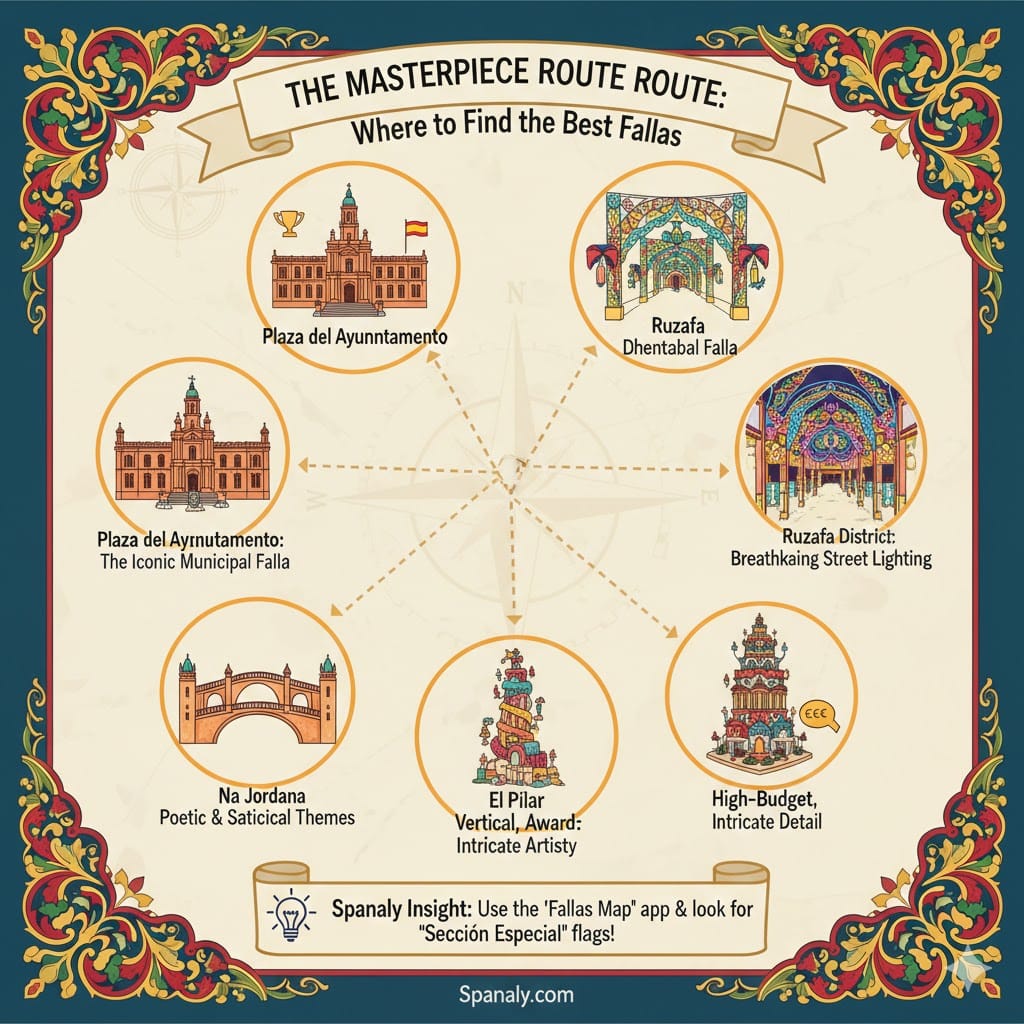A festive and colorful infographic titled 'The Masterpiece Route' for Las Fallas Valencia, highlighting key locations like Plaza del Ayuntamiento, Ruzafa district, El Pilar, and Na Jordana with a Spanaly insight about the Fallas Map app.