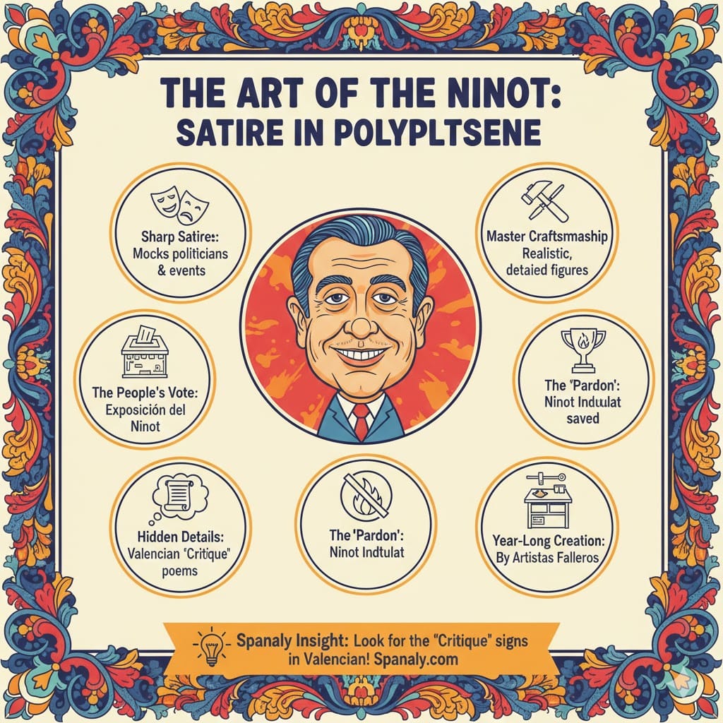 A festive and colorful infographic about 'The Art of the Ninot' in Las Fallas Valencia, illustrating satirical caricatures of politicians, the master craftsmanship of Fallero artists, and the public vote for the pardoned Ninot Indultat.