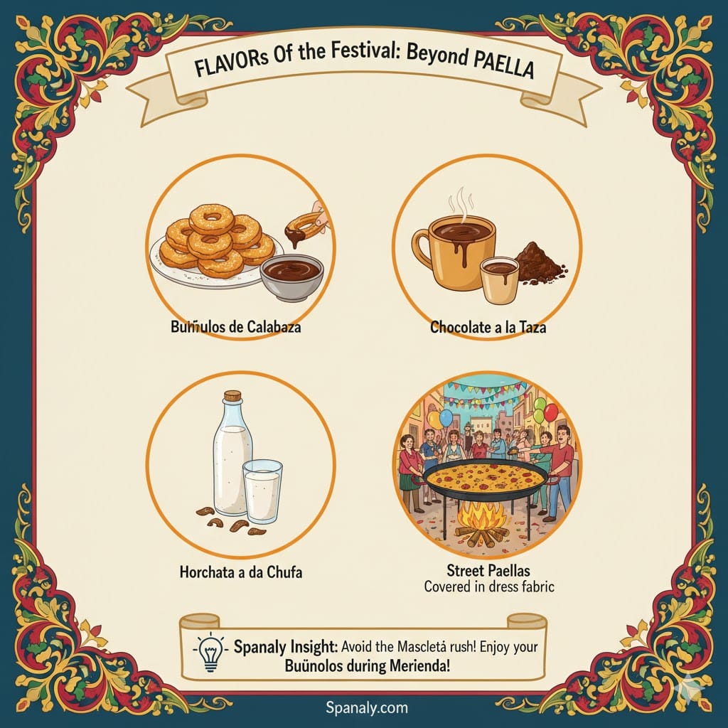 A colorful food infographic titled 'Flavors of the Festival: Beyond Paella' featuring traditional Valencian treats like Buñuelos de Calabaza, Chocolate a la Taza, Horchata de Chufa, and communal street Paellas with a Spanaly insight.