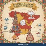 A comprehensive illustrated map of Spain highlighting Valencia, featuring key elements of Las Fallas festival: giant monuments, the Cremà fire, traditional Fallera dress, Mascletà explosions, and travel tips like the 24h metro and siesta strategy, with Spanaly.com branding.