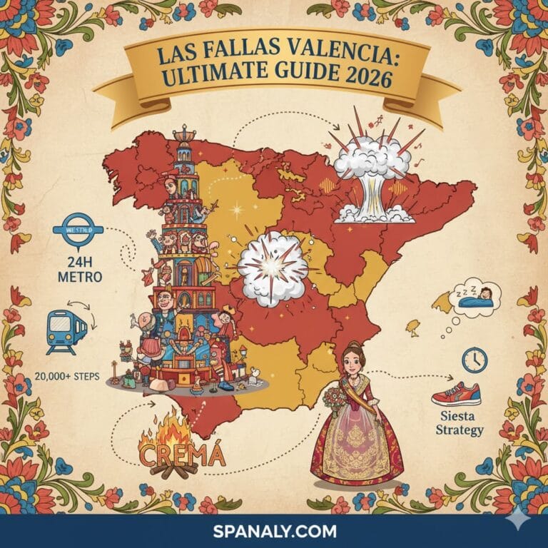 A comprehensive illustrated map of Spain highlighting Valencia, featuring key elements of Las Fallas festival: giant monuments, the Cremà fire, traditional Fallera dress, Mascletà explosions, and travel tips like the 24h metro and siesta strategy, with Spanaly.com branding.
