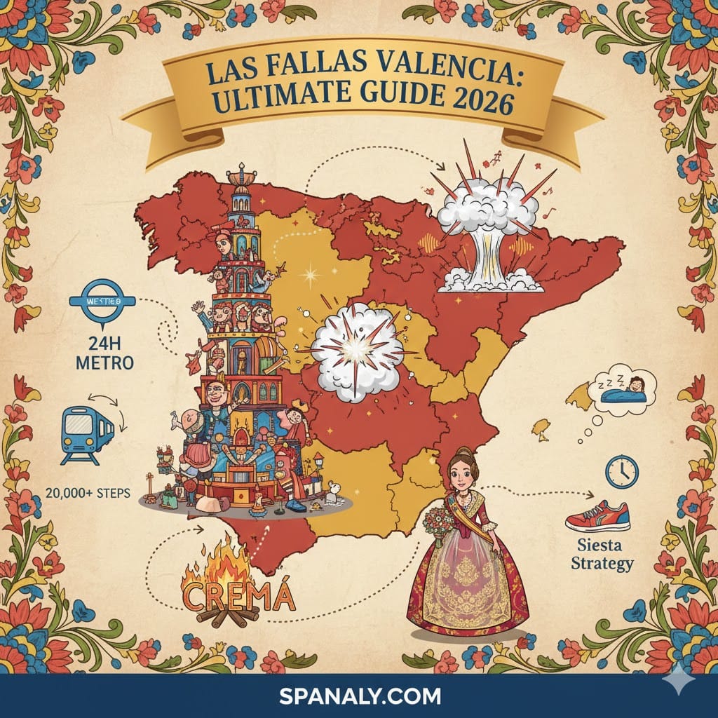 A comprehensive illustrated map of Spain highlighting Valencia, featuring key elements of Las Fallas festival: giant monuments, the Cremà fire, traditional Fallera dress, Mascletà explosions, and travel tips like the 24h metro and siesta strategy, with Spanaly.com branding.