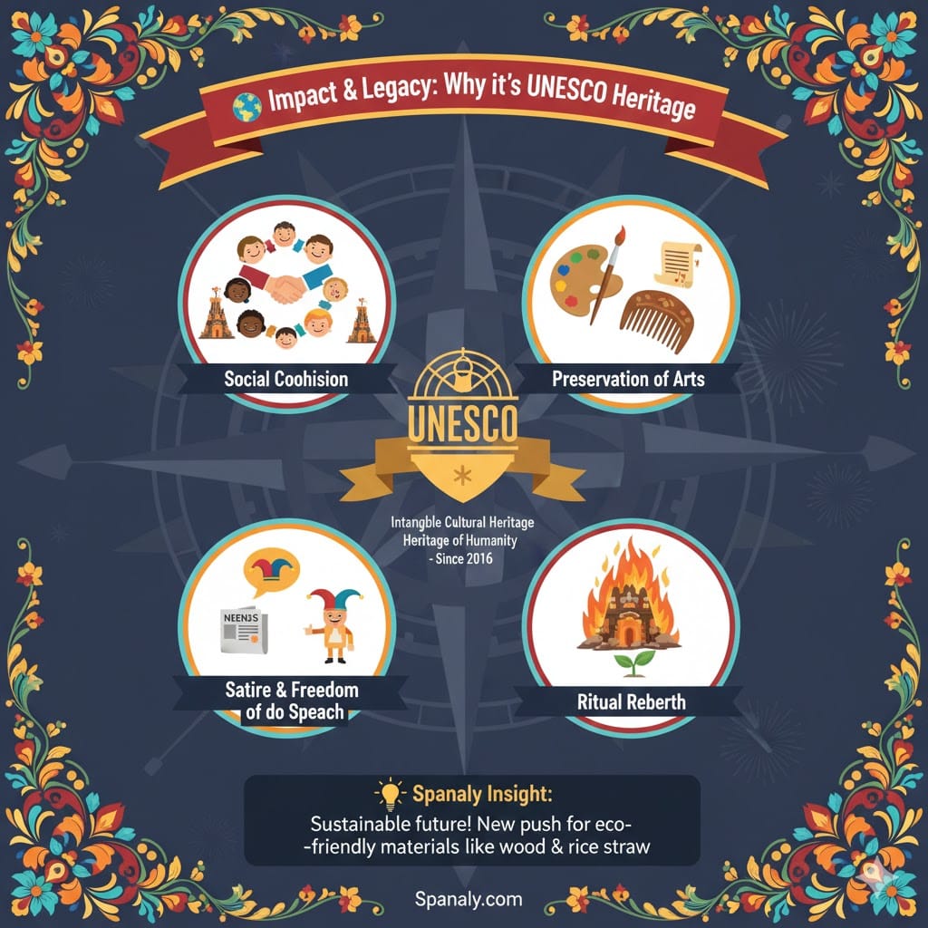 A colorful infographic titled 'Impact & Legacy: Why it’s UNESCO Heritage' for Las Fallas Valencia, illustrating social cohesion, preservation of arts, satire, and ritual rebirth with a Spanaly insight on sustainable materials.