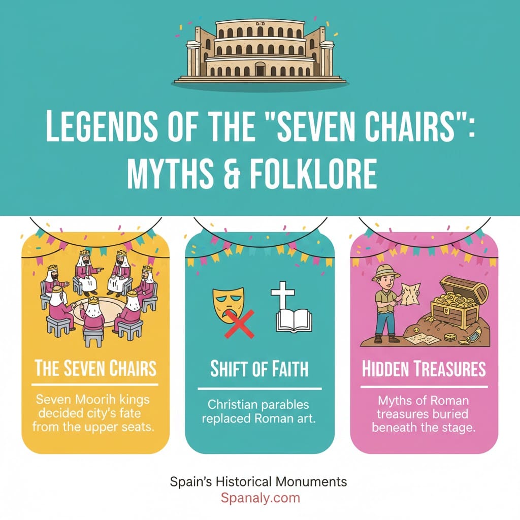 A colorful infographic illustrating the legends of the Roman Theatre of Mérida, including the Seven Chairs of the Moorish kings and hidden treasures - Spanaly.com 2026.