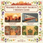 A colorful featured infographic showcasing Madrid's best-kept secrets, including Templo de Debod, Chamberí Ghost Station, Mercado de San Fernando, and the Garden of Anglona.