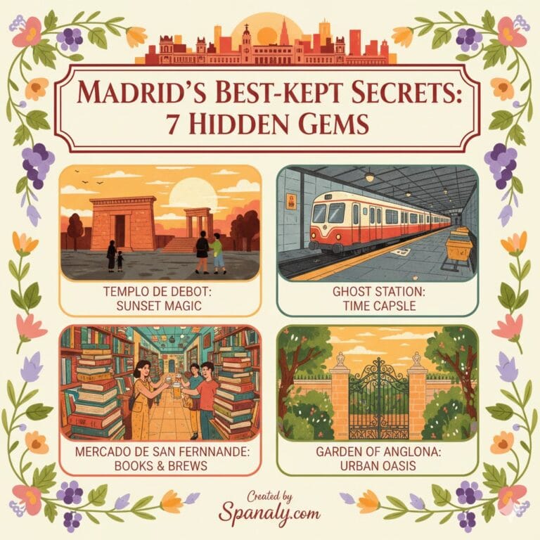 A colorful featured infographic showcasing Madrid's best-kept secrets, including Templo de Debod, Chamberí Ghost Station, Mercado de San Fernando, and the Garden of Anglona.