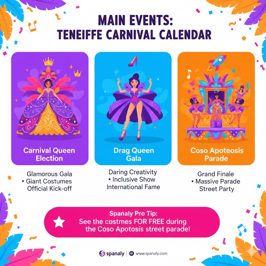 Infographic showing the main events of Tenerife Carnival: The Carnival Queen Election, the Drag Queen Gala, and the Coso Apoteosis Grand Parade with travel tips.