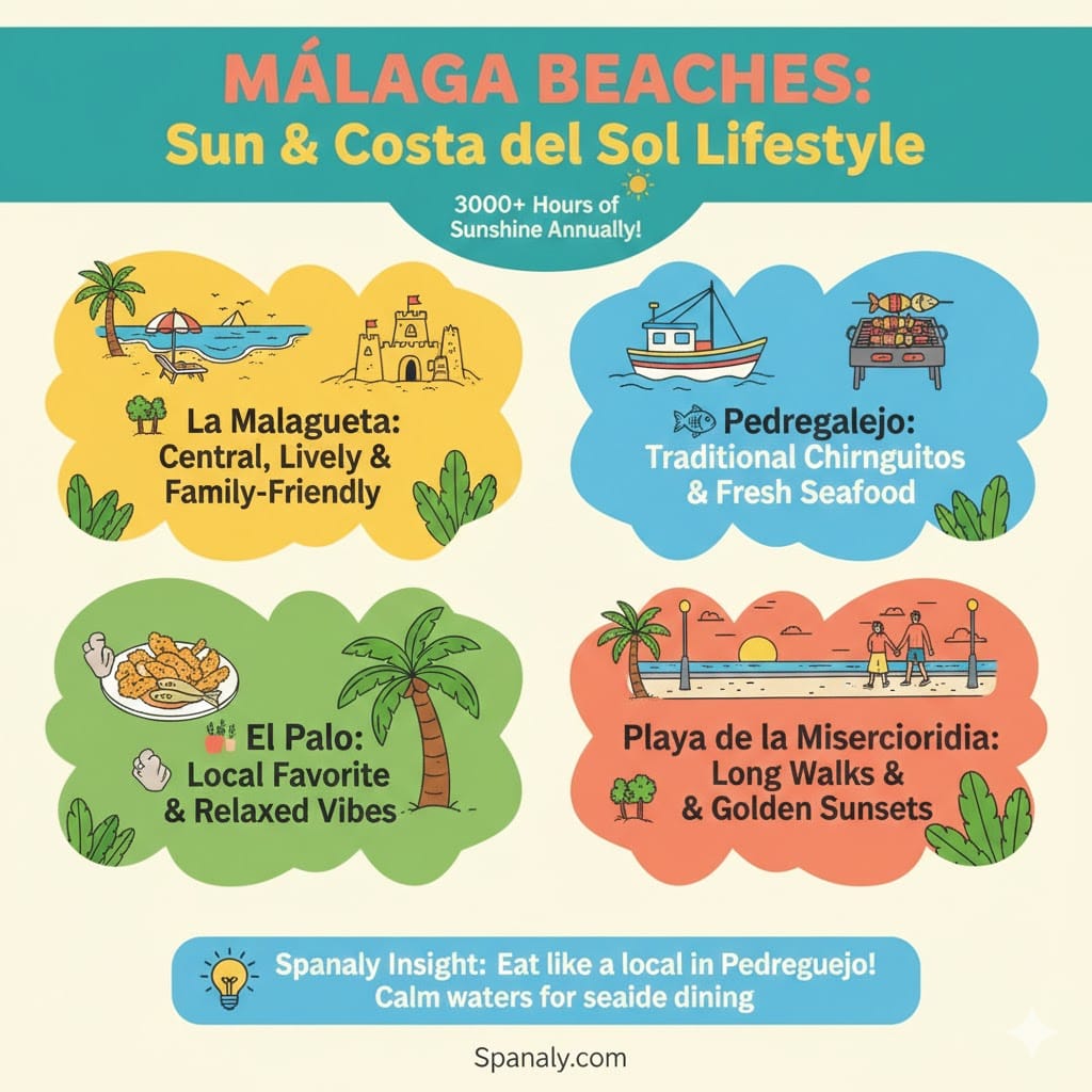 Infographic of Malaga best beaches including La Malagueta, Pedregalejo, and El Palo. Features Spanaly travel tips for Costa del Sol lifestyle.
