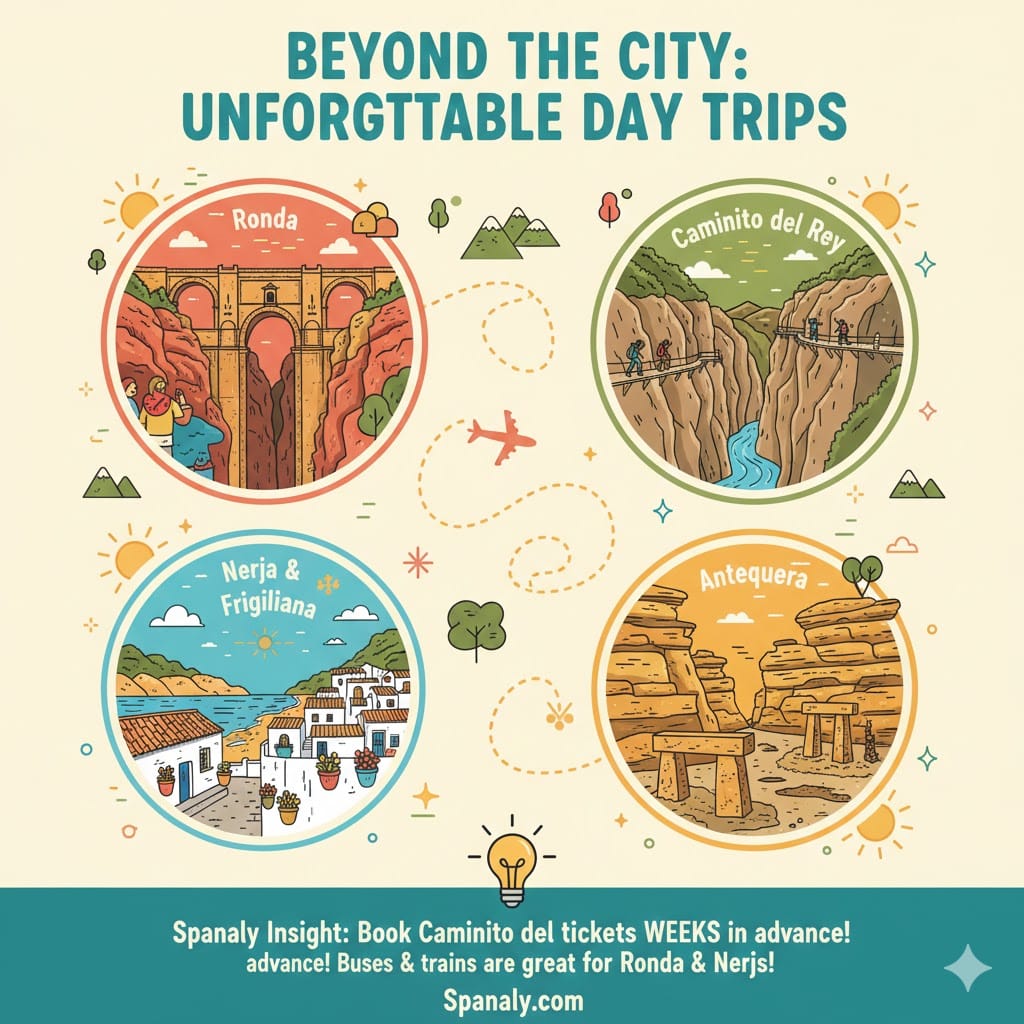 Infographic of the best day trips from Malaga featuring Ronda gorge, Caminito del Rey, Nerja, and Antequera. Includes Spanaly travel booking tips.