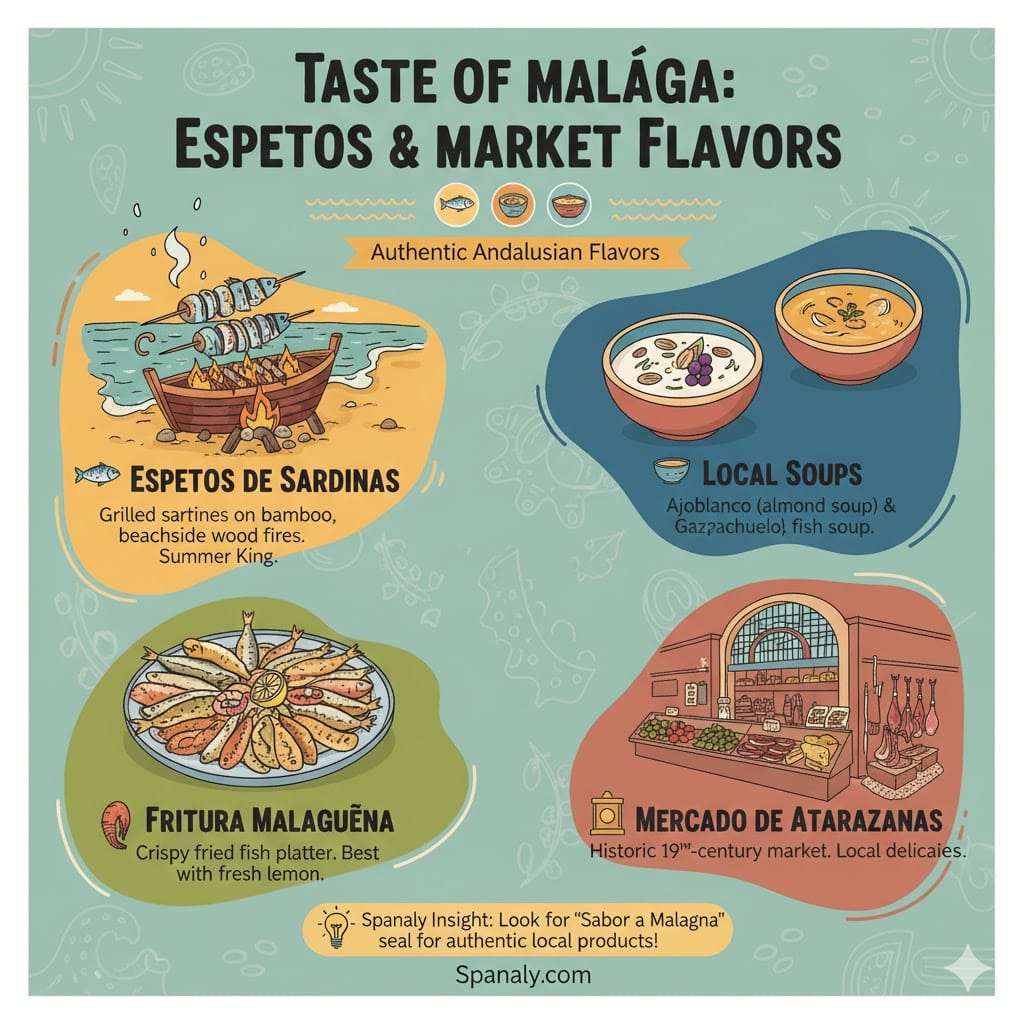 Infographic of Malaga traditional food including Espetos de Sardinas, local soups, fried fish, and Atarazanas Market. Features Spanaly authentic dining tips.